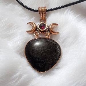 Silver Sheen Obsidian w/ Garnet Triple Moon Pendant Necklace